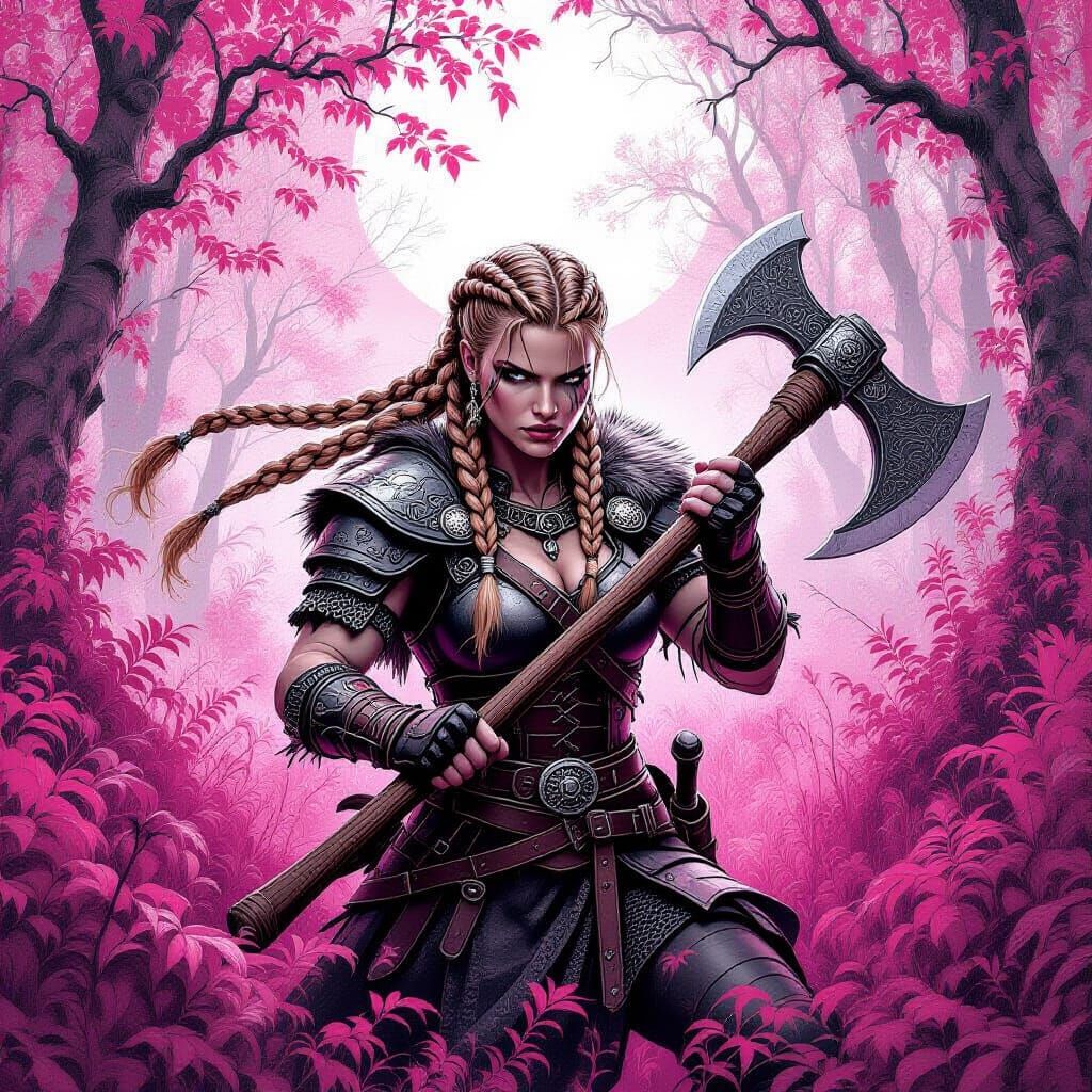 Viking Warrior in Pink Forest, Baroque Pencil Style