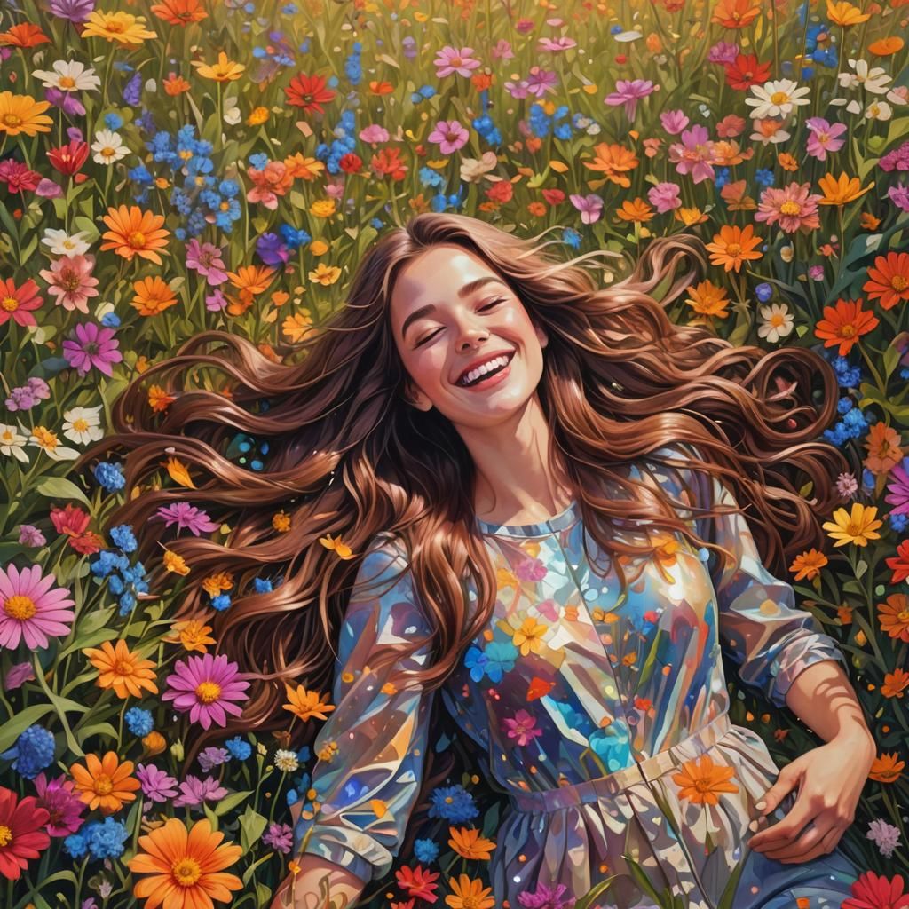 Girl Laughing in Colorful Flower Field