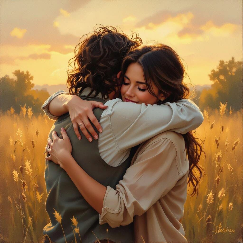 Heartfelt Embrace in Golden Hour Oil Painting