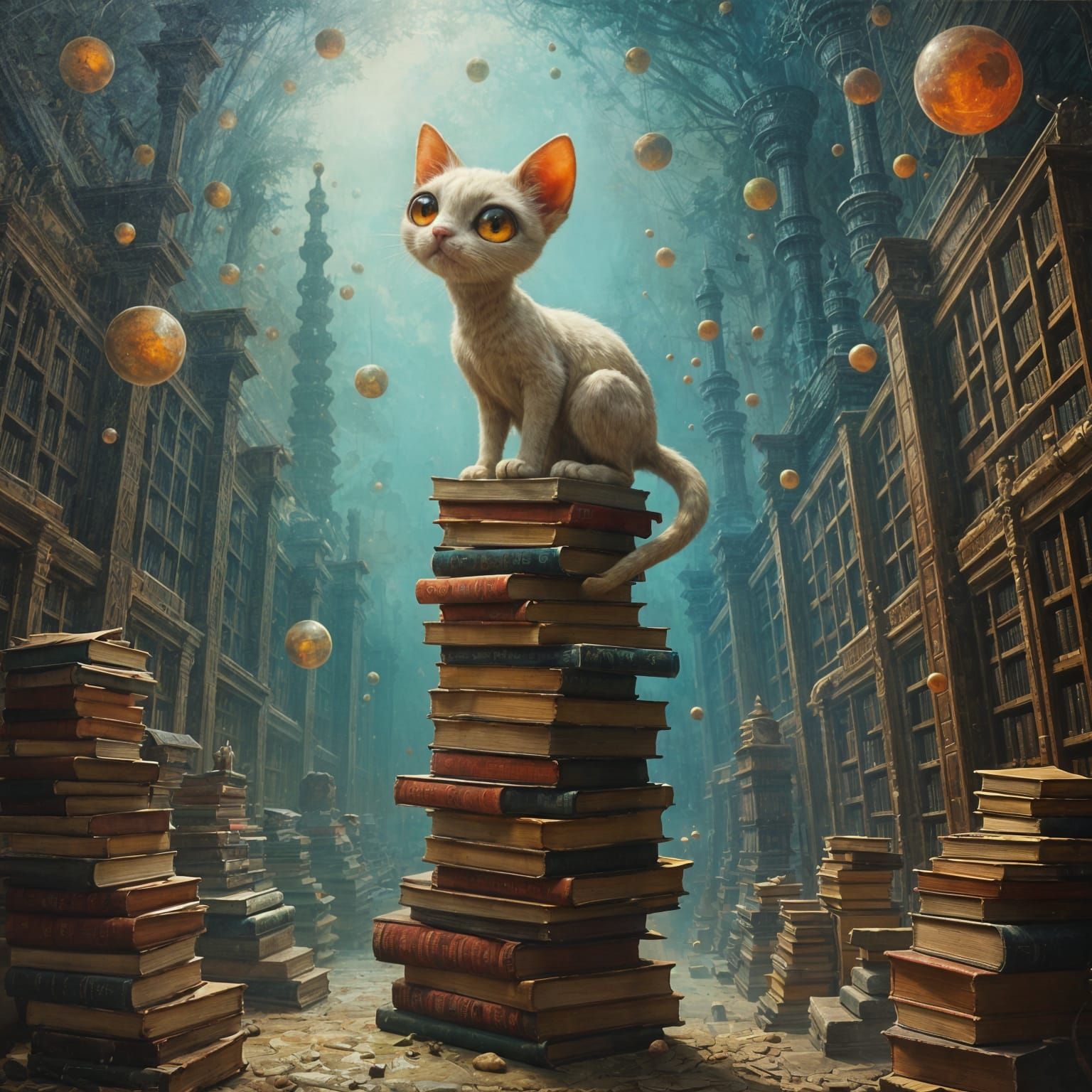 Cat Creature in Surreal Library, Oil Painting