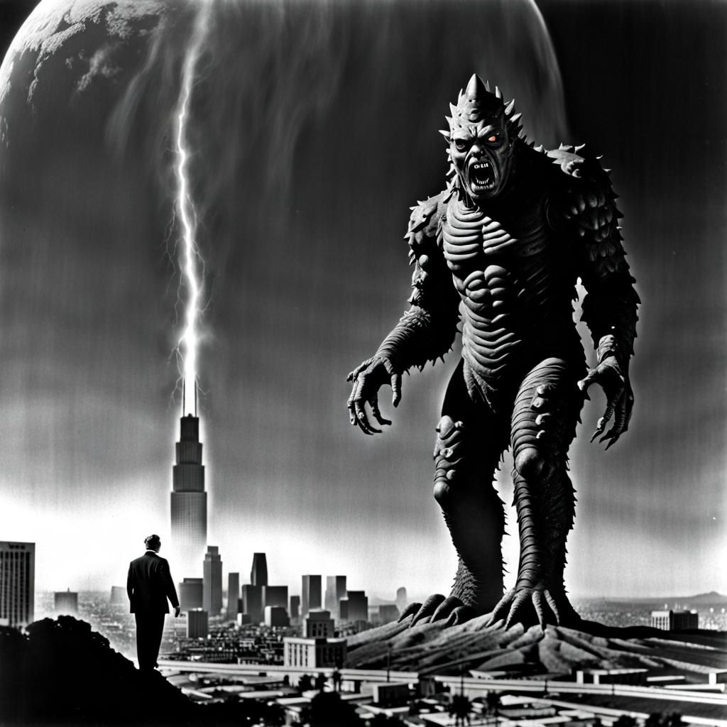1950s science-fiction film where a kaiju Giant Living dead Zombie destroys Los Angeles
