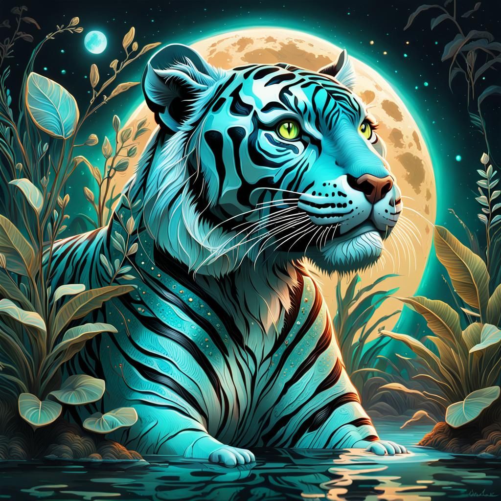 Art Deco Bioluminescent Tiger Cub in Magical River
