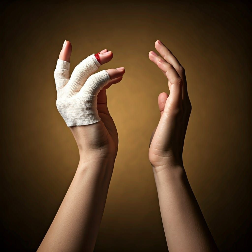 Bandaged Hands on a Warm Kitchen Countertop