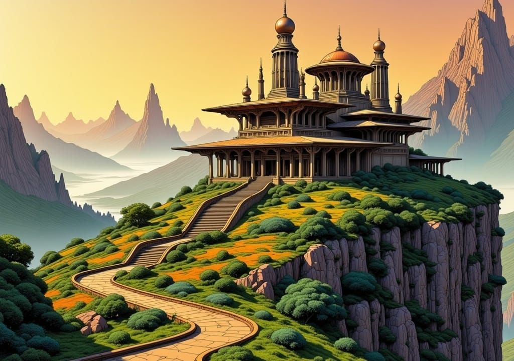 Majestic Mountain Temple Inspired by Moebius