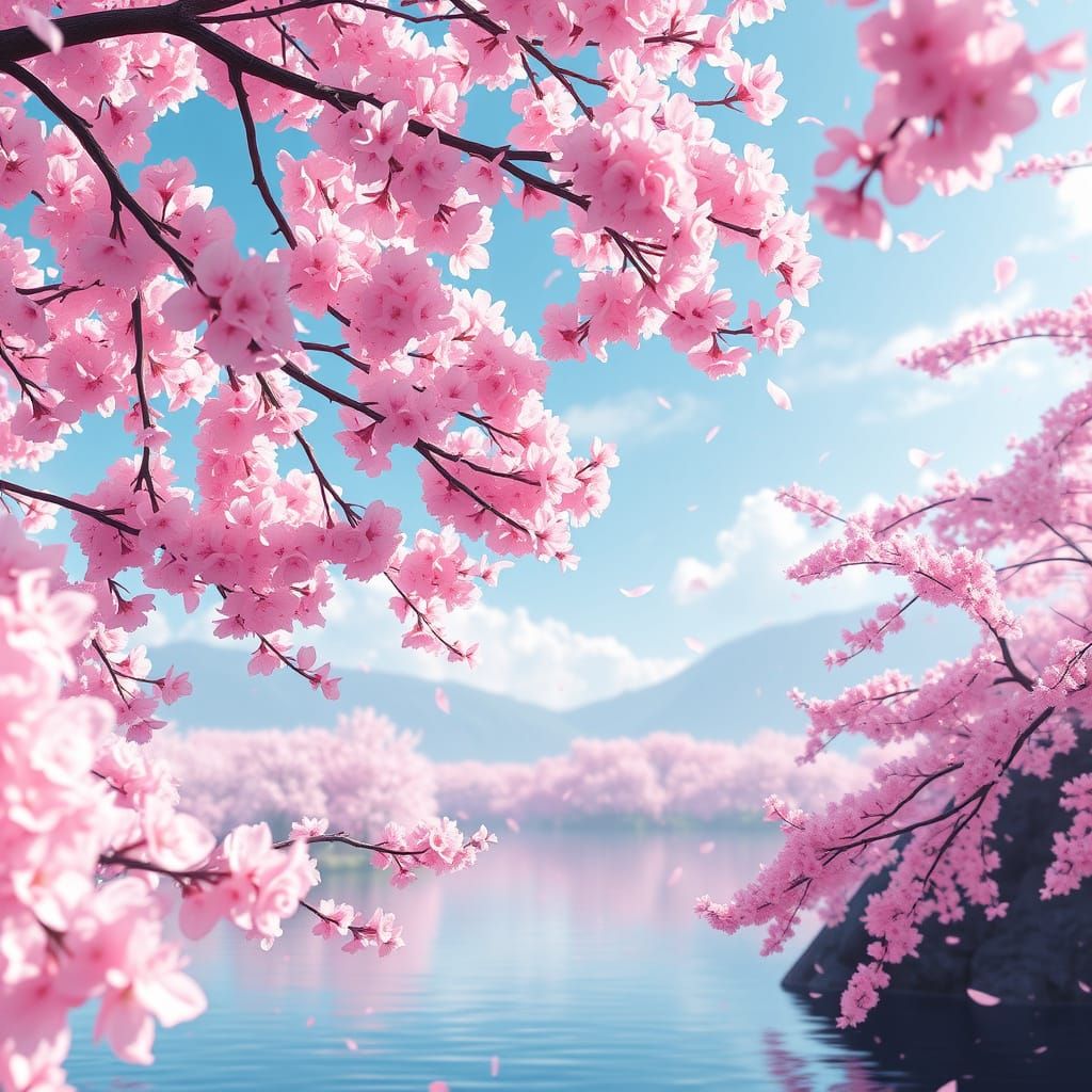 Vibrant Cherry Blossom Landscape in Anime-Inspired 3D Art St...