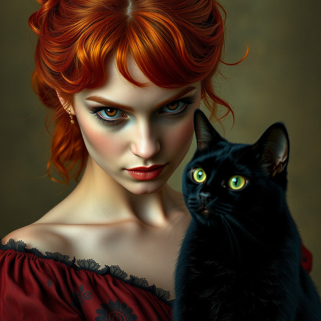Redhead with Cat in Klimt-Inspired Digital Art