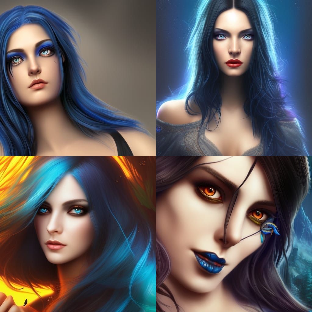 Woman with Black Hair and Blue Eyes in Detailed Matte Painti...