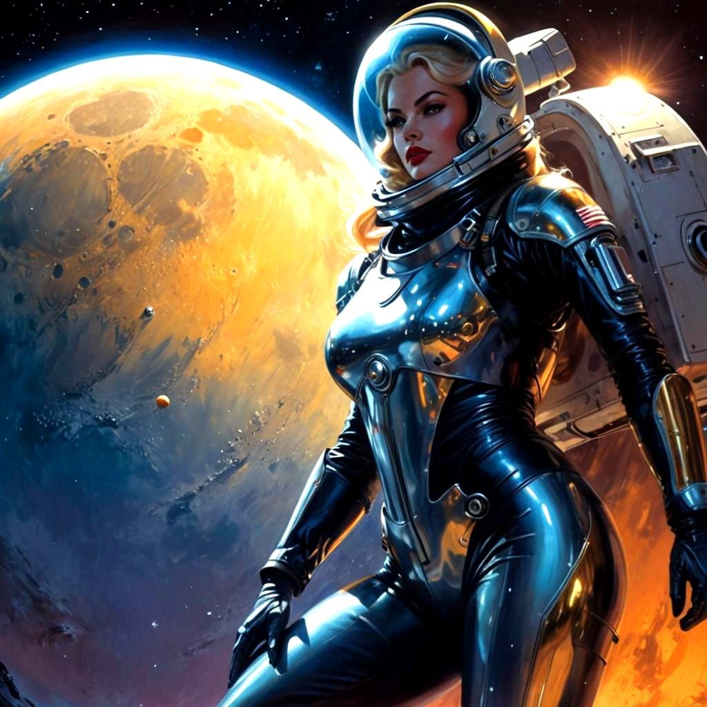 Retro Sci-Fi Space Woman on the Moon