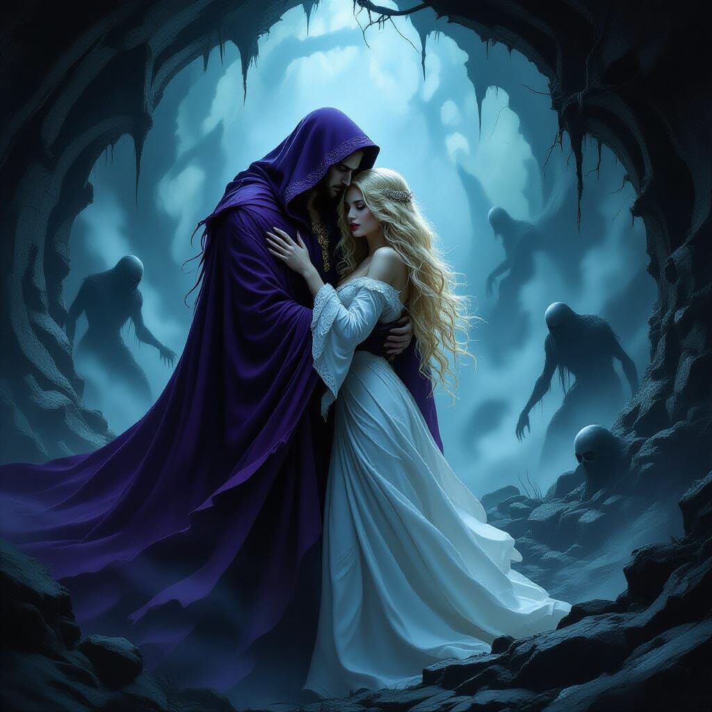 Dark Fantasy Vampire Carries Woman Through Subterranean Real...