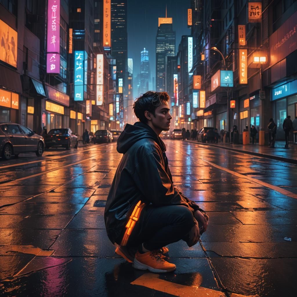 Hopeful Figure Gazing at City Lights in Fantasy Art