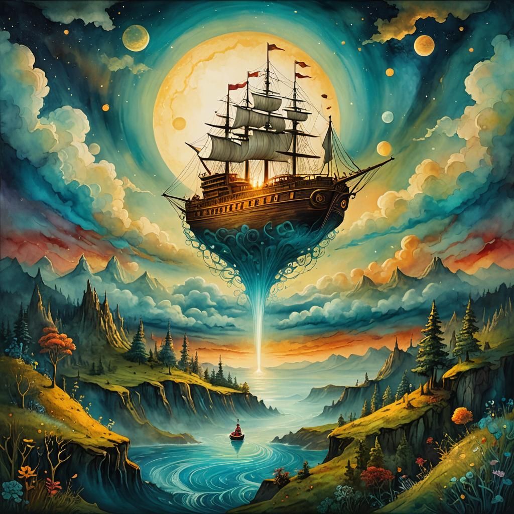 Surreal Ship to Portal in Mixed Media Style