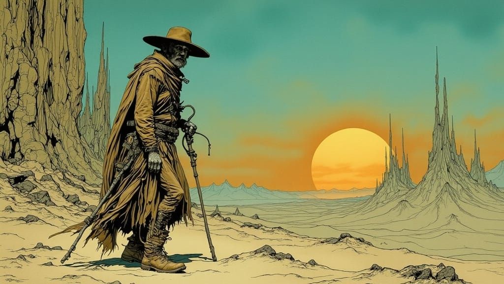 Weathered Wanderer in Surreal Desert Landscape