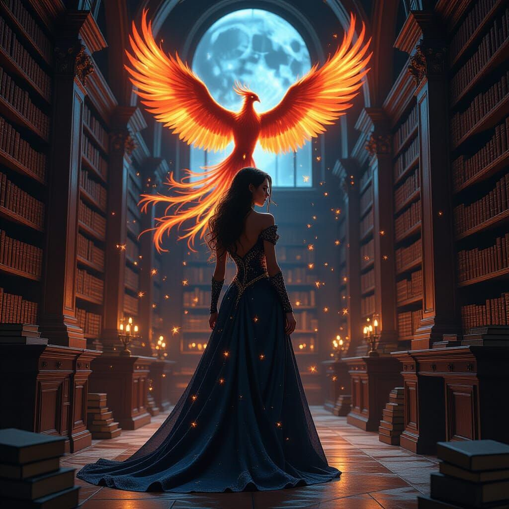 Enchantress in Library with Phoenix, Epic Digital Art