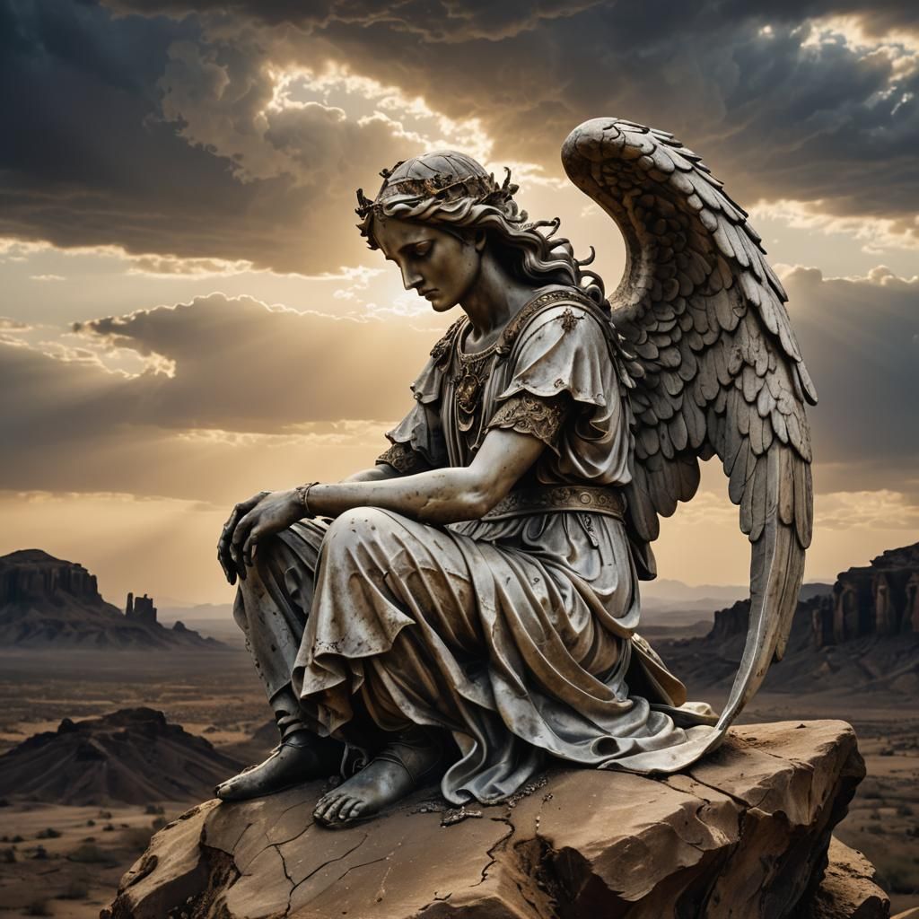 Surreal Desert Angel Statue in Warm, Golden Light