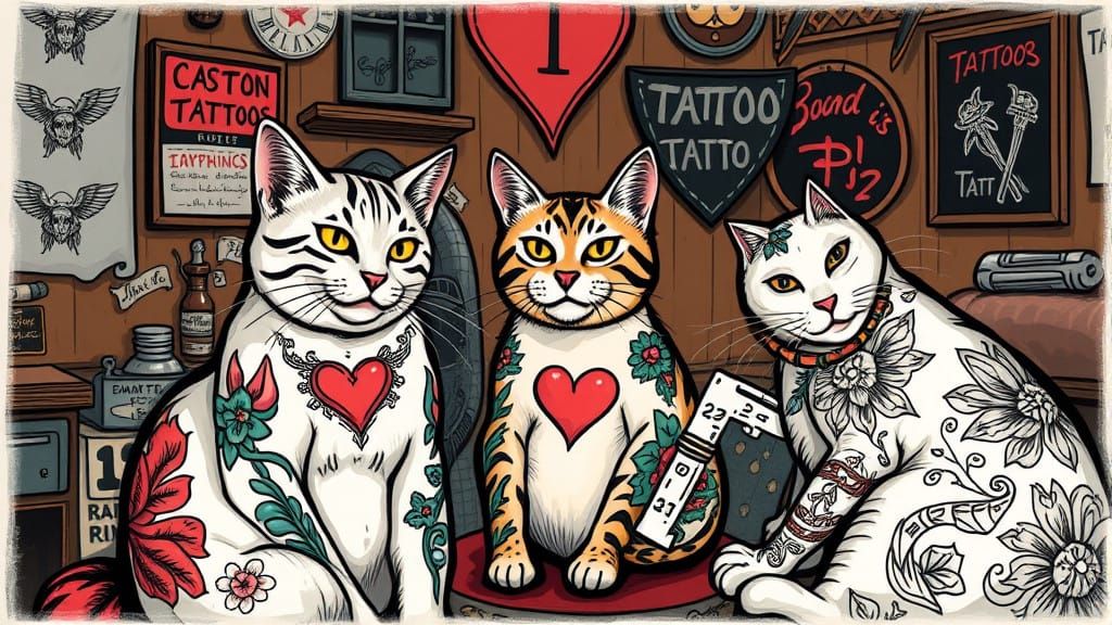 Cats in a Tattoo Parlor, One Feline Gets a Heart Tattoo