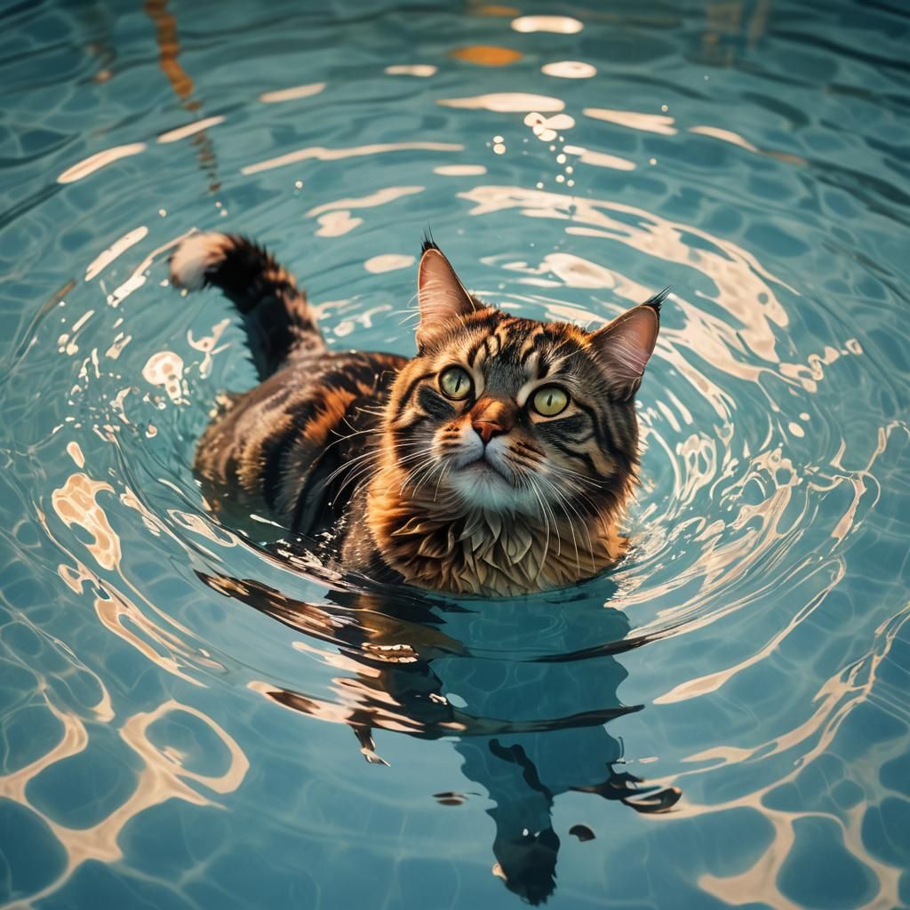Hyperrealistic Cat Floating in Swimming Pool