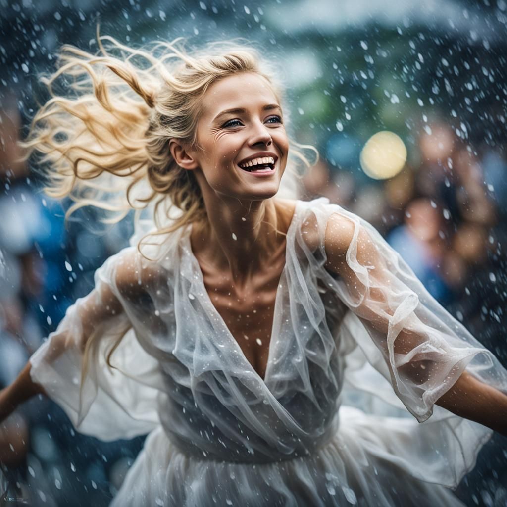 Smiling Translucent Woman Dances in Rain: Watercolor Paintin...