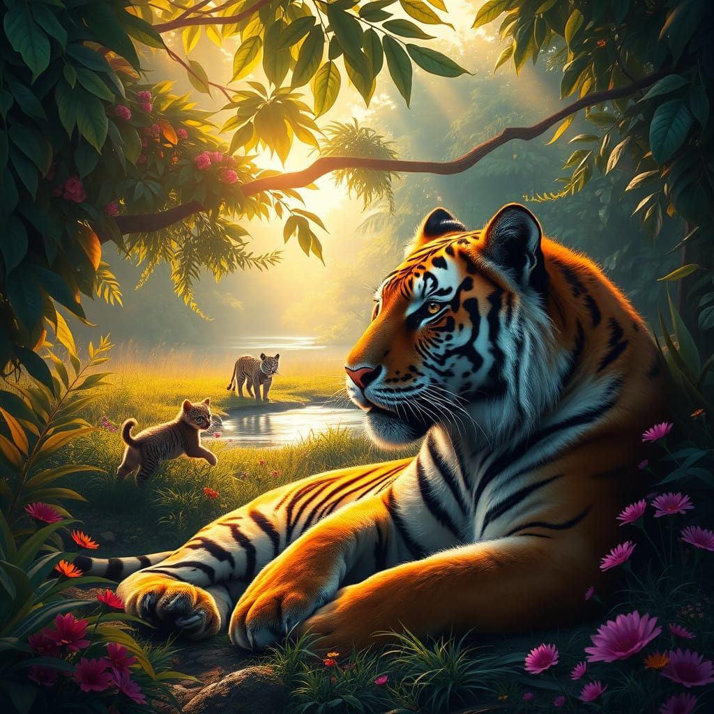 Regal Tiger in Lush Jungle Canopy, with Majestic Cubs and Se...