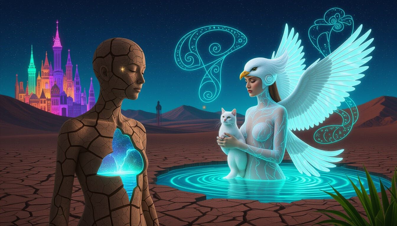 Bioluminescent Oasis Figure in Neon Mirage Landscape