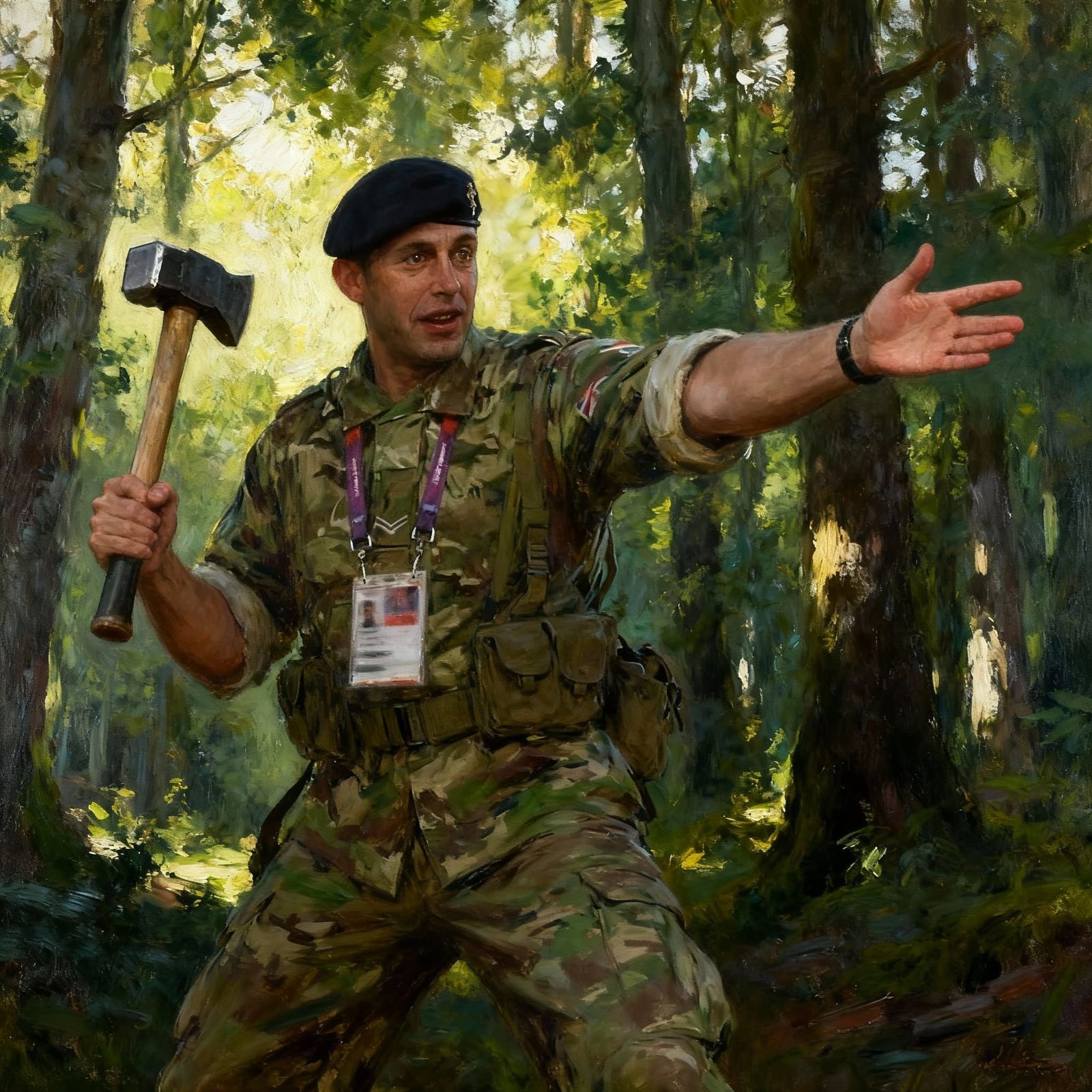 Heroic Soldier Poses with Sledgehammer in Forest Oil Paintin...