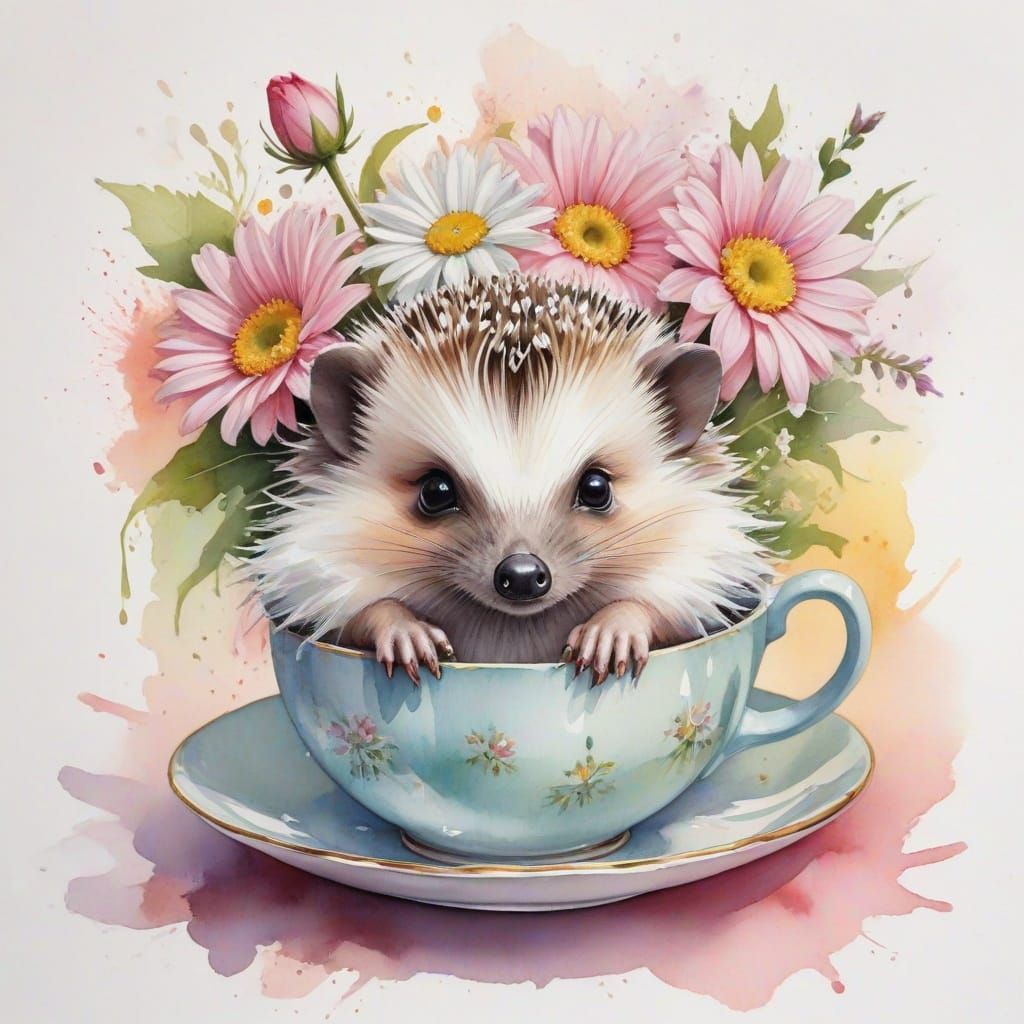 Hedgehog in Teacup: a Kawaii Watercolor Dream
