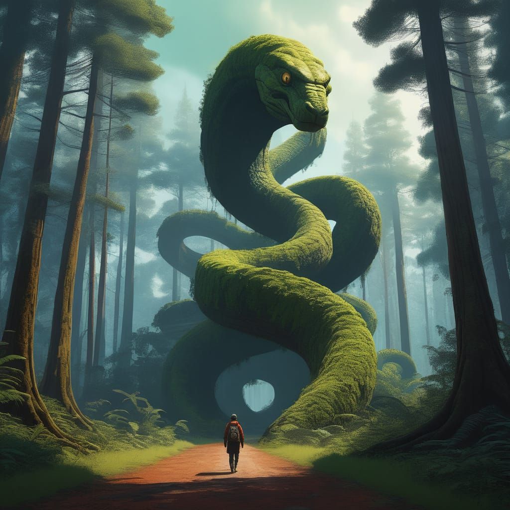 Surreal Serpent-Librarian Emerges from Amazonian Rainforest