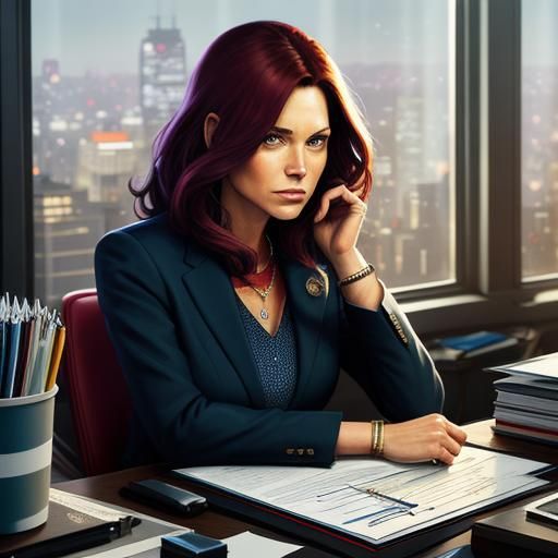 Woman at Desk in City Lights, Comic Book Art