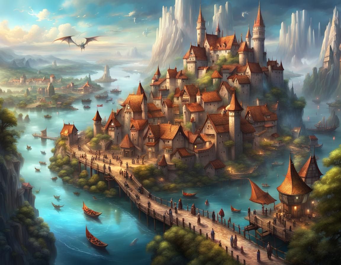 Fantasy Village with Dragons and Hilltop Castle