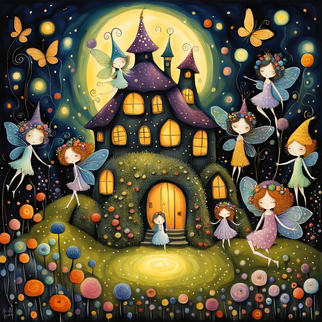 Fairies Celebrate New Birth: Burton and Klimt Styles