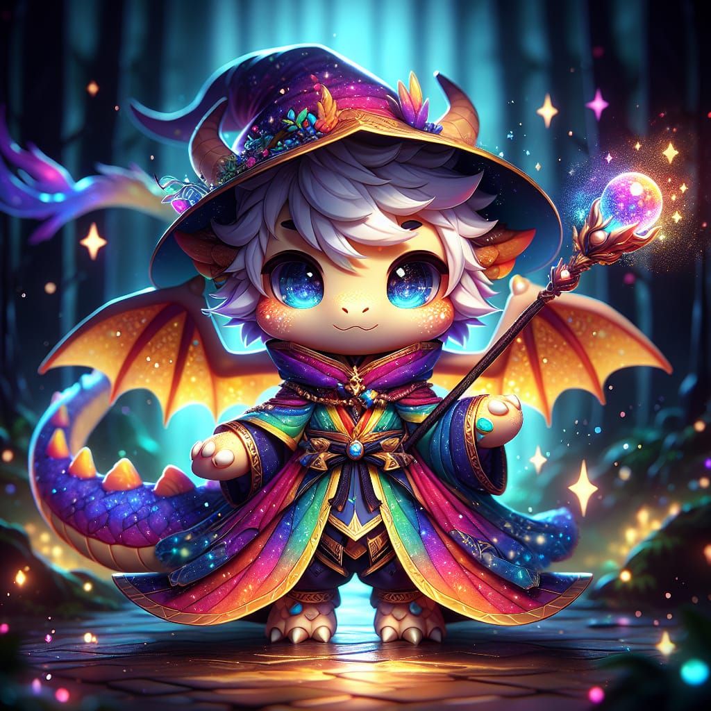 Chibi Dragon Wizard Casting Spell in Mystic Forest