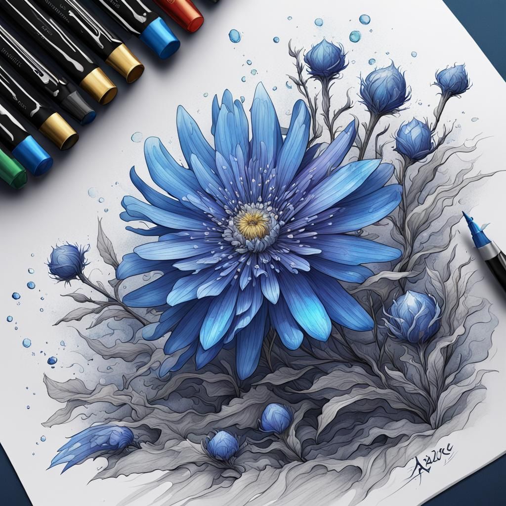 Detailed Ink Drawing of Azure Aster Flower