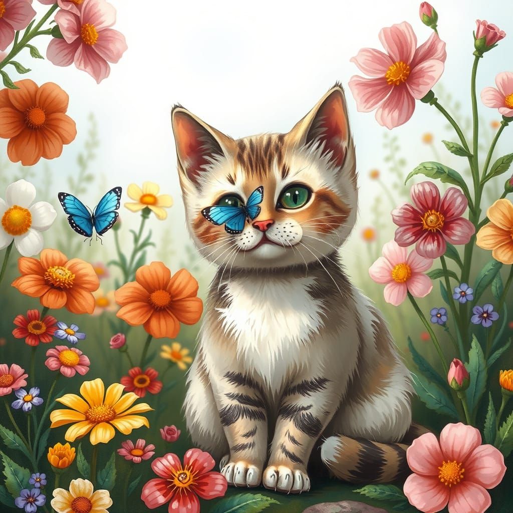 Whimsical Cat with Butterfly in Floral Garden