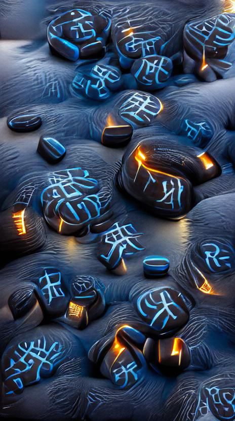 Glowing Blue Viking Runes on Black Stones