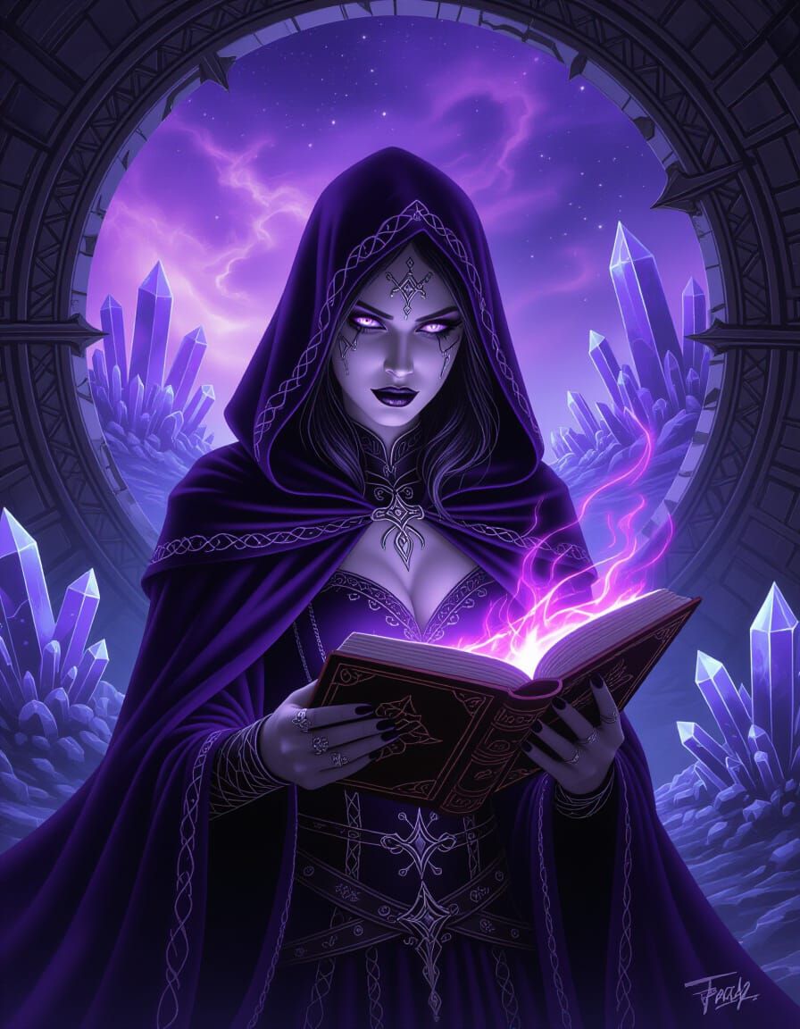 Gothic Sorceress Conjures Portal in Dark Fantasy Style