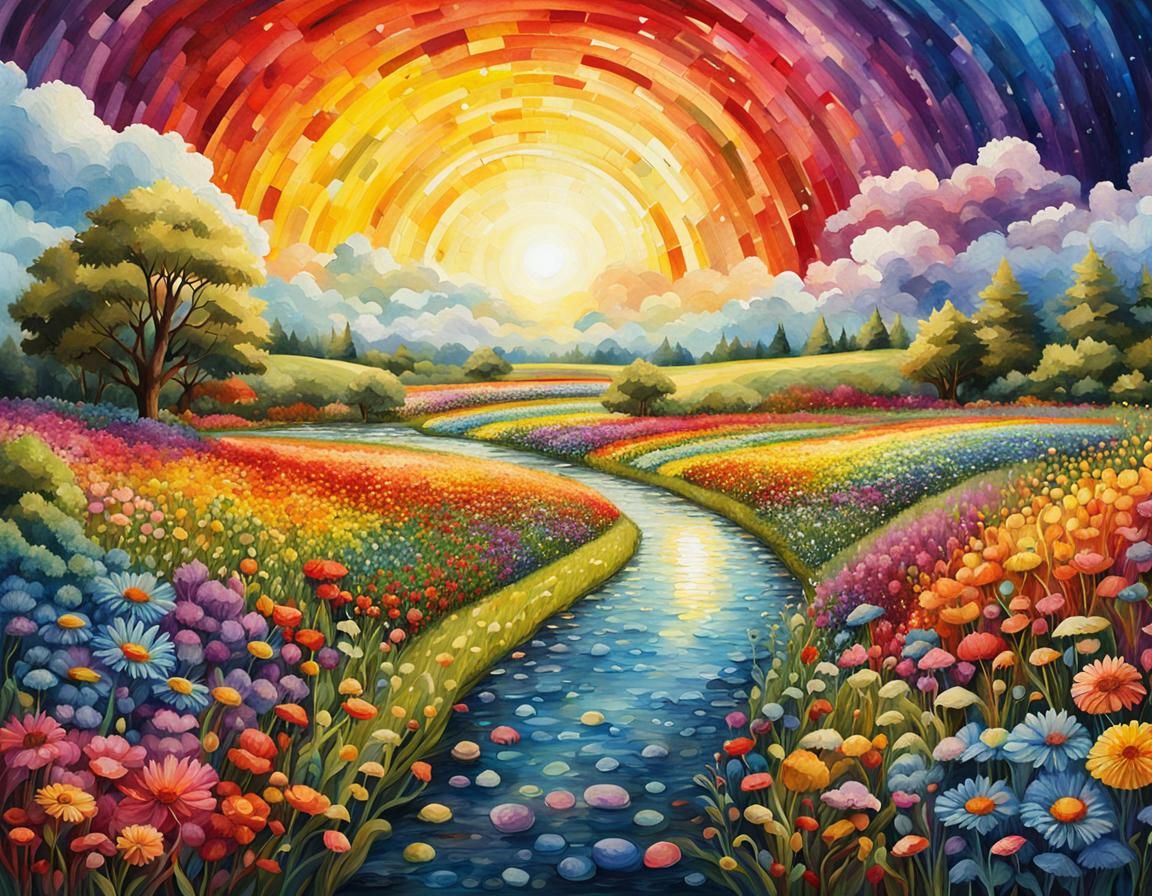 Rainbow Flower Garden Painting in Vibrant Rustic Palette