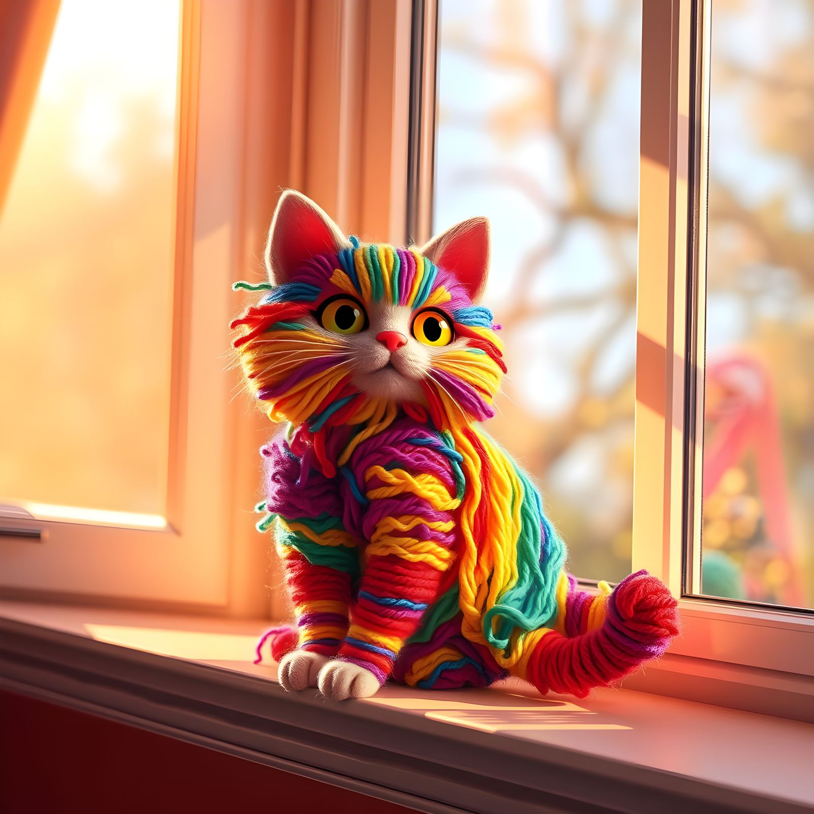 Vibrant Yarn Cat Basks in Hyperrealistic Digital Light