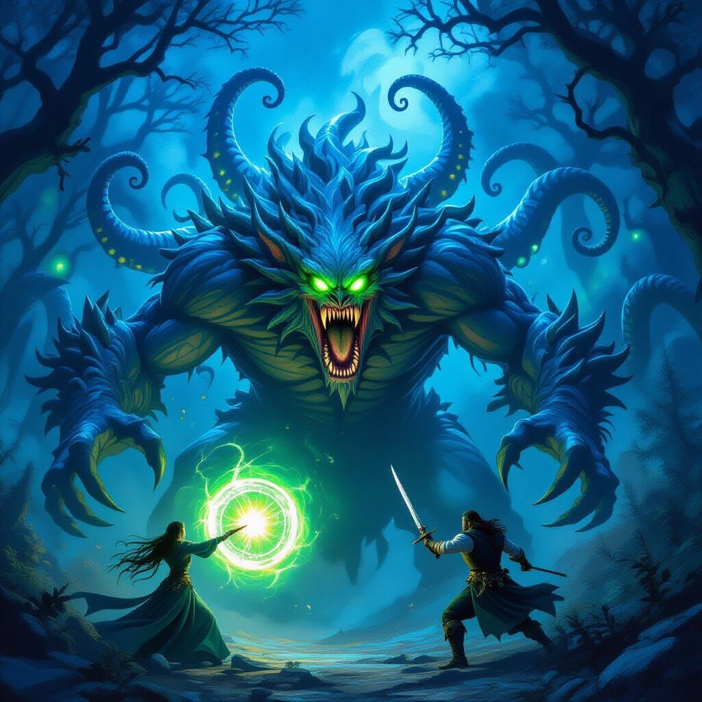 Epic Fantasy Battle: Monster vs Heroes in Mystical Forest