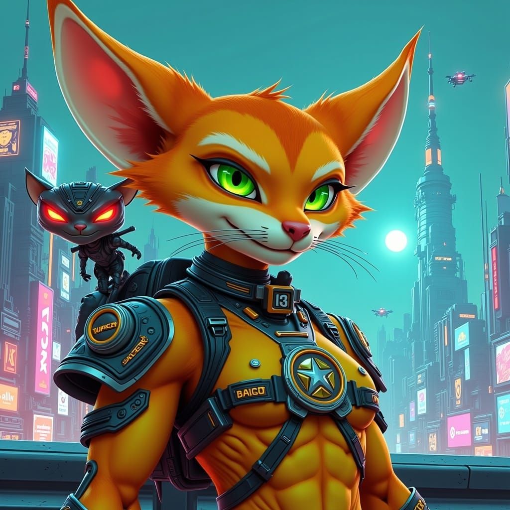Cyberpunk Feline Heroine Stands Tall with Robot Companion