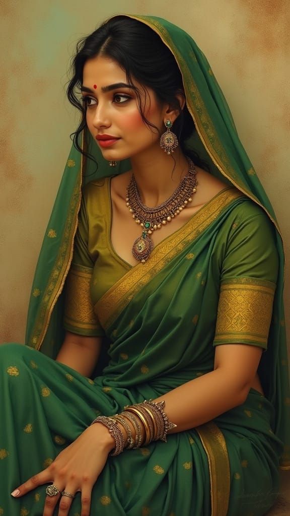 Surreal Indian Goddess in Golden Saree Contemplation