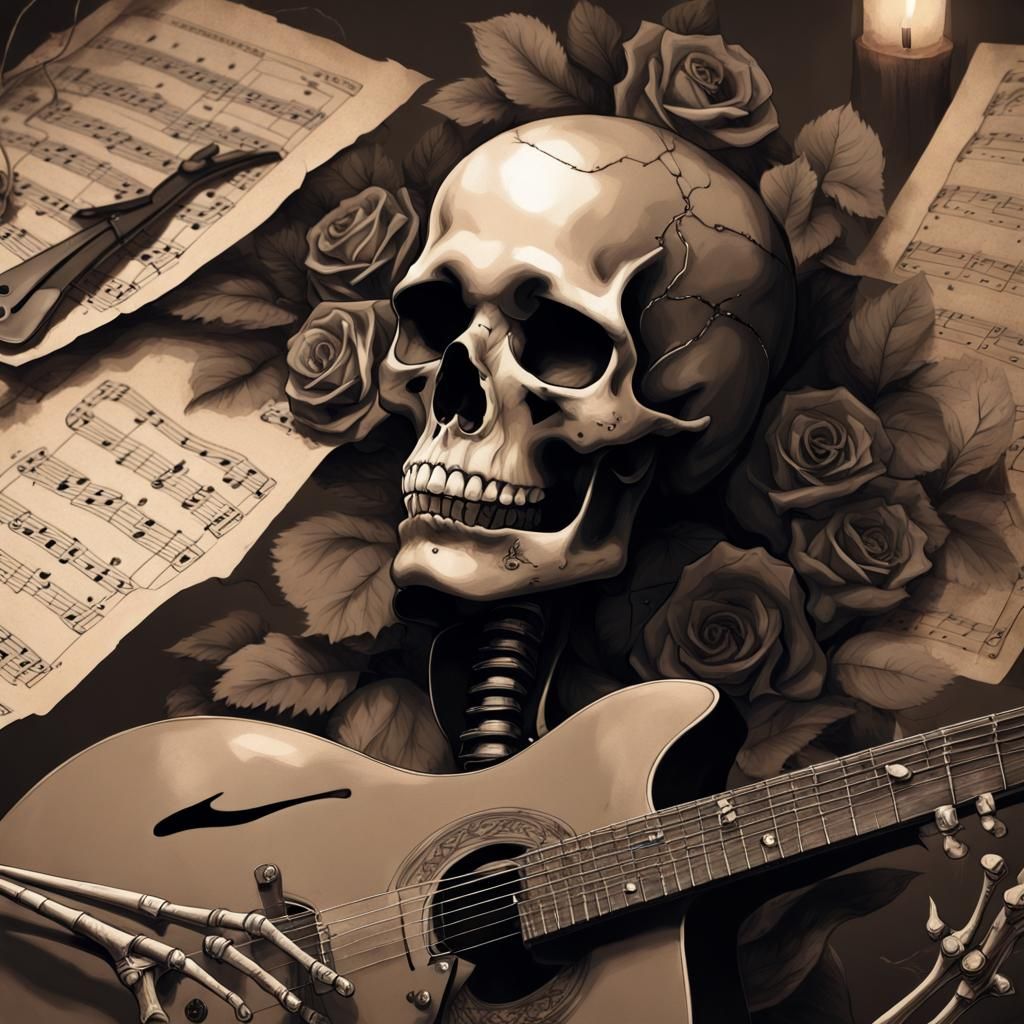 Monochrome Skeletons with Roses and Guitars