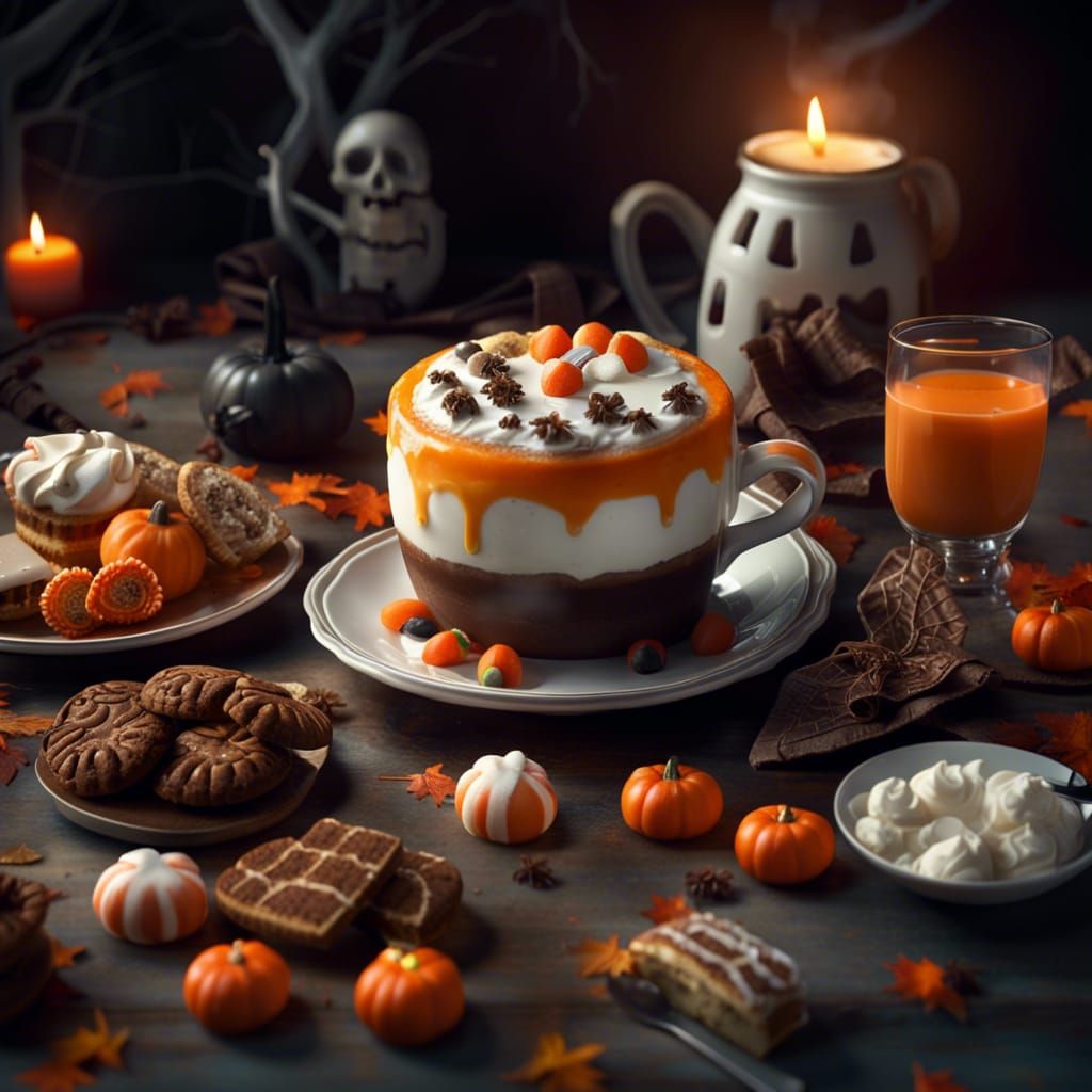 Halloween Still Life with Sweets and Cappuccino