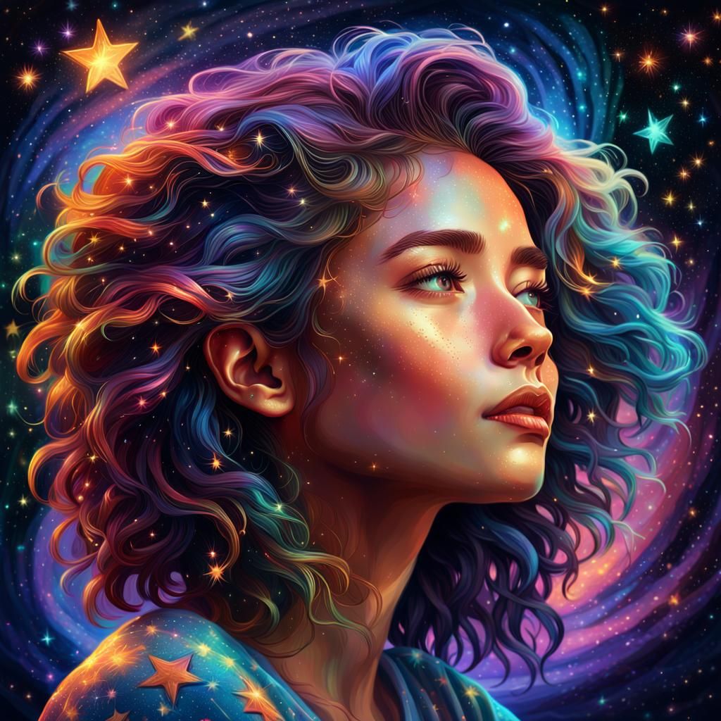 Woman with Flowing Hair in Starry, Colorful Digital Art