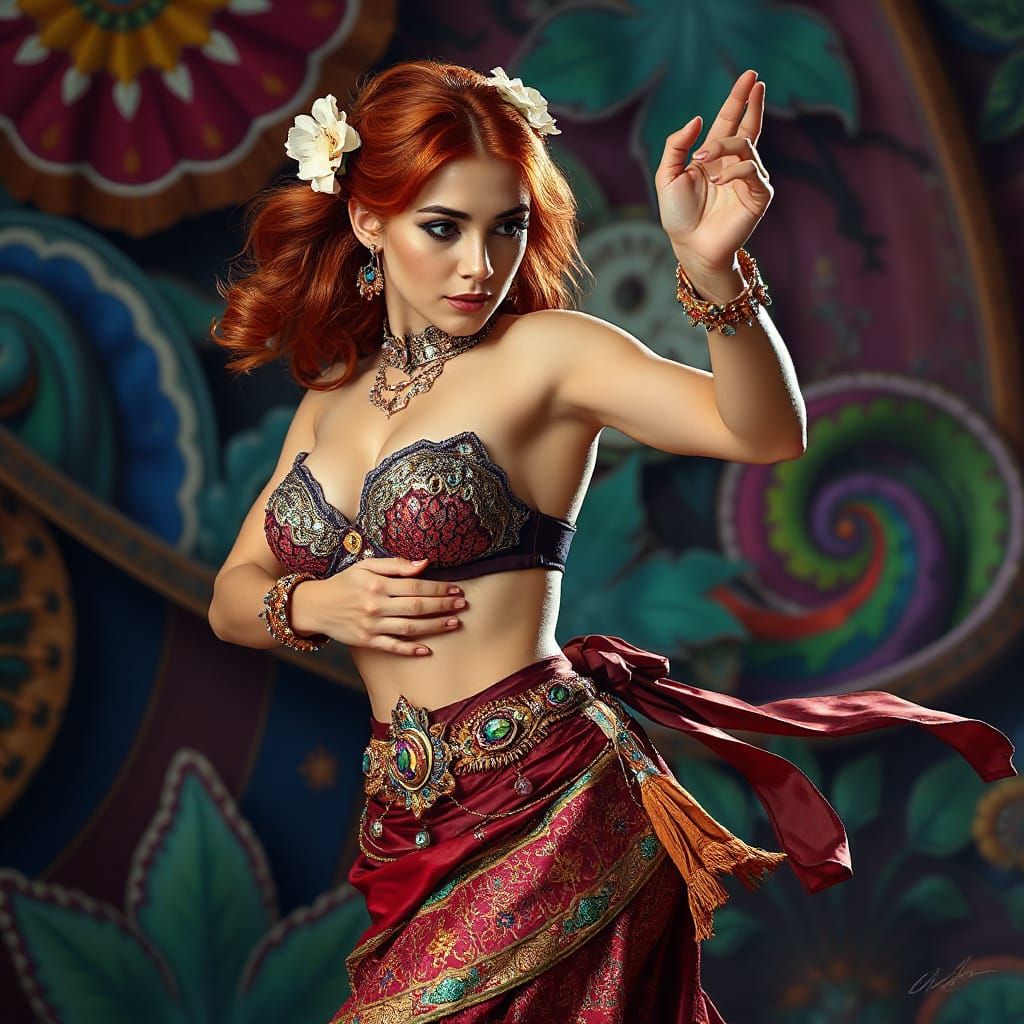 Elegant Redhead Belly Dancer in Splash Art Style