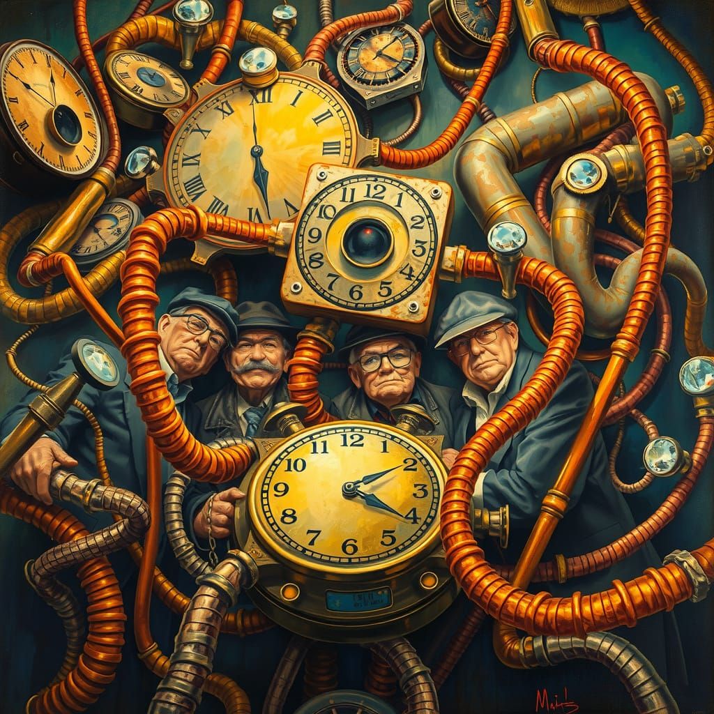 Surreal Inventors in a Dreamlike Workshop Scene