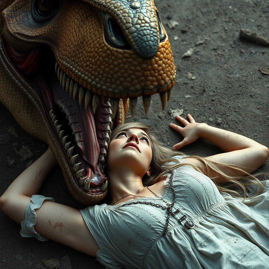 Dinosaur Terror: Woman Confronts Carnivore in Matte Painting