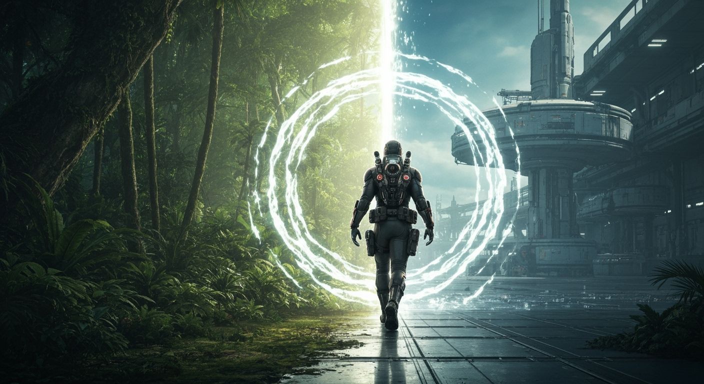 Explorer Between Worlds: Photorealistic Time Portal