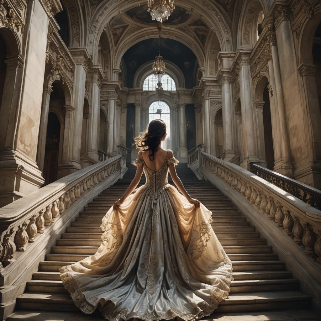 A woman running up a grand staircase in a baroque building. She wears a flowing fairytale dress with a long train. She h...