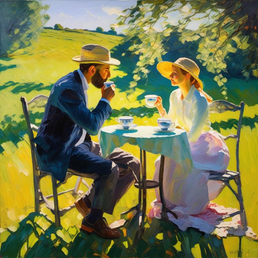 Impressionist Painting of Couple Drinking Tea at Sunrise