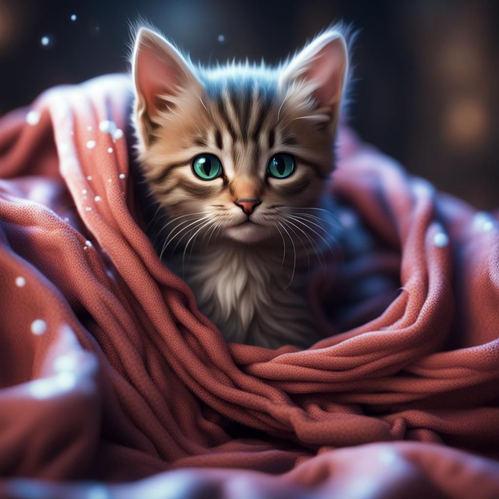 Cute Kitten Snuggled in Blankets, Detailed Digital Art