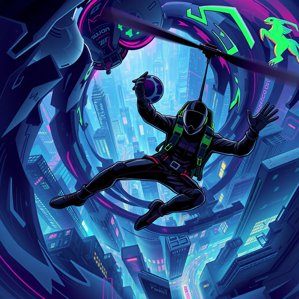 Skydiver Descends Over Cyberpunk City in Comic Art Style